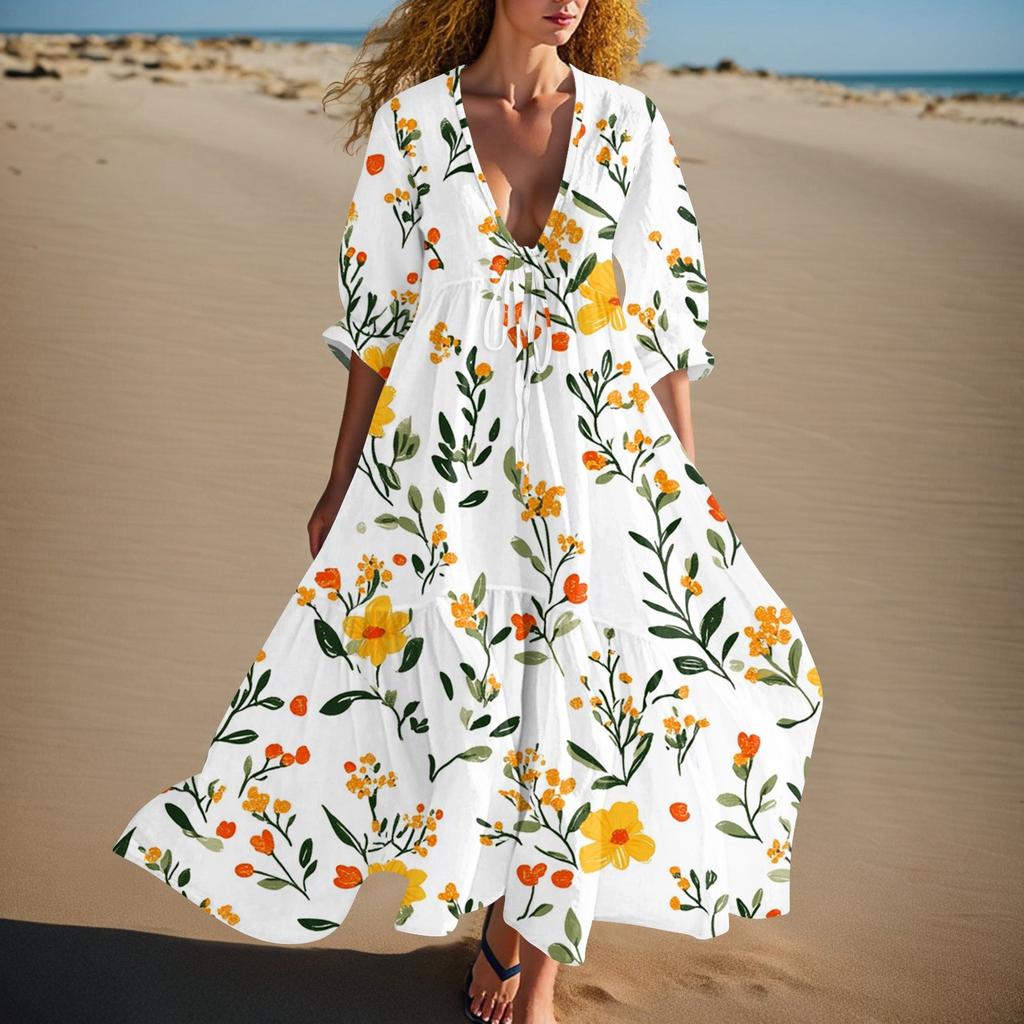 Women's Summer Fashion V-neck Retro Floral Print Short Sleeved Beach Dress With Lace Patchwork Dress