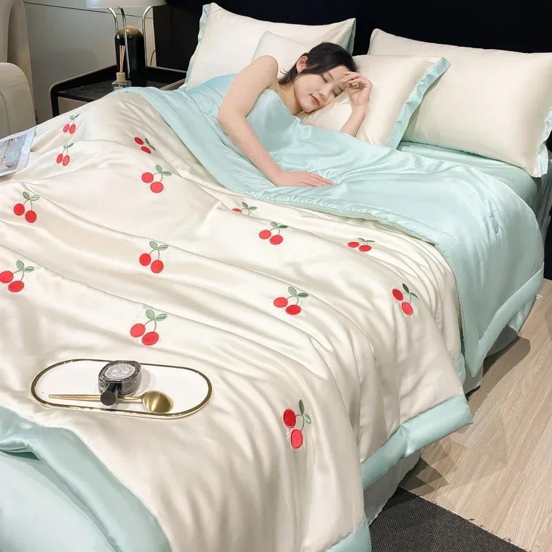 High-end Embroidered Spring Summer Quilt 4 Pcs Set or 3 Pcs Set or 1 Pcs Luxury Skin- Friendly Summer Blanket Lightweight Duvet