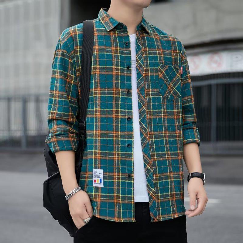 Herrskjorta i Hong Kong-stil med lång ärm och rutigt mönster - Casual vår/höst trendig lös passform jacka