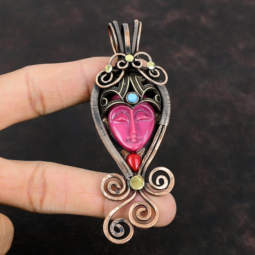 Pink Carved Bone Face Gemstone Pendant Copper Wire Wrapped Pendant Italian Coral & Turquoise Pendant Handmade Copper Jewelry Engagement Gift