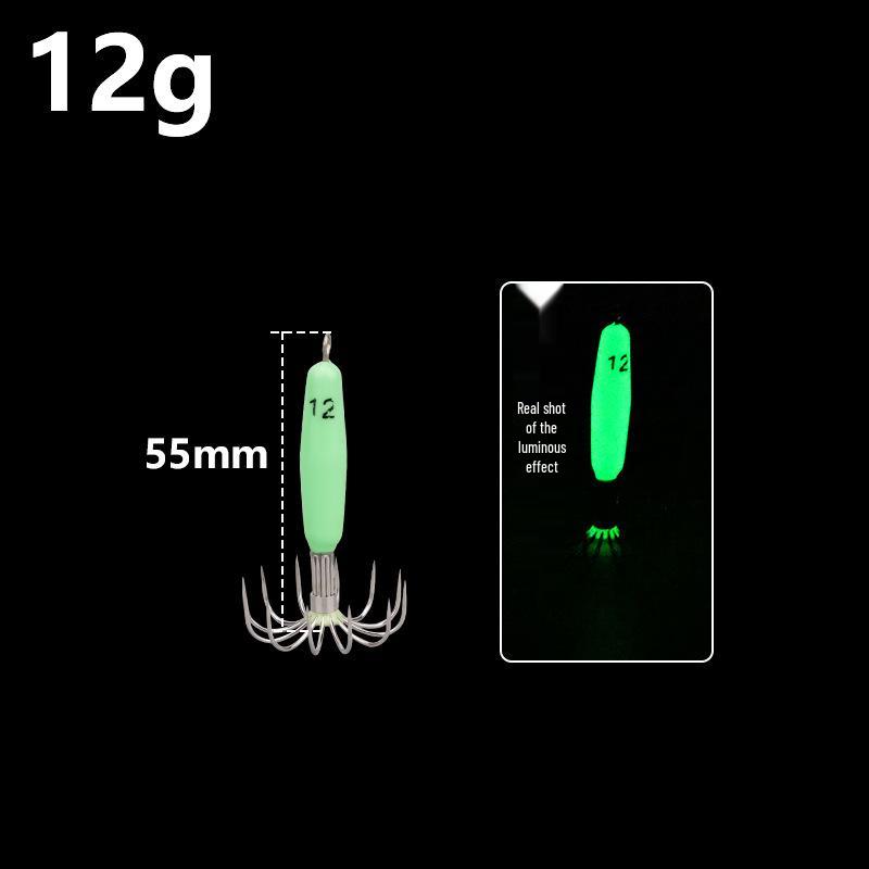 12-Claw Luminous Squid and Cuttlefish Hook - Stainless Steel Octopus Hook with Wooden Shrimp Design.