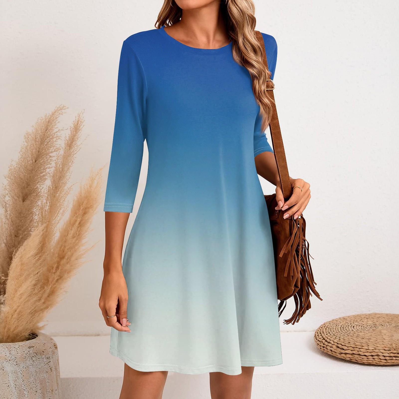 

Жіноча модна повсякденна коротка сукня з круглим вирізом і рукавом три чверті XL небо синє кольору