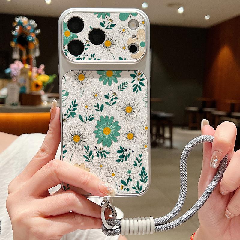 Cartoon Daisies Flower Pattern Leather Lanyard Case For iPhone 18 Pro Max Hybrid TPU+PU Anti-skid Soft Cover For iPhone 17 16 15 14 13 Pro Max