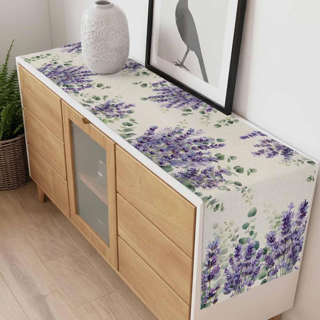 Spring Lavender Eucalyptus Leaves Linen Table Runner Party Decor Watercolor Floral Plant Dining Table Runners Wedding Decoration