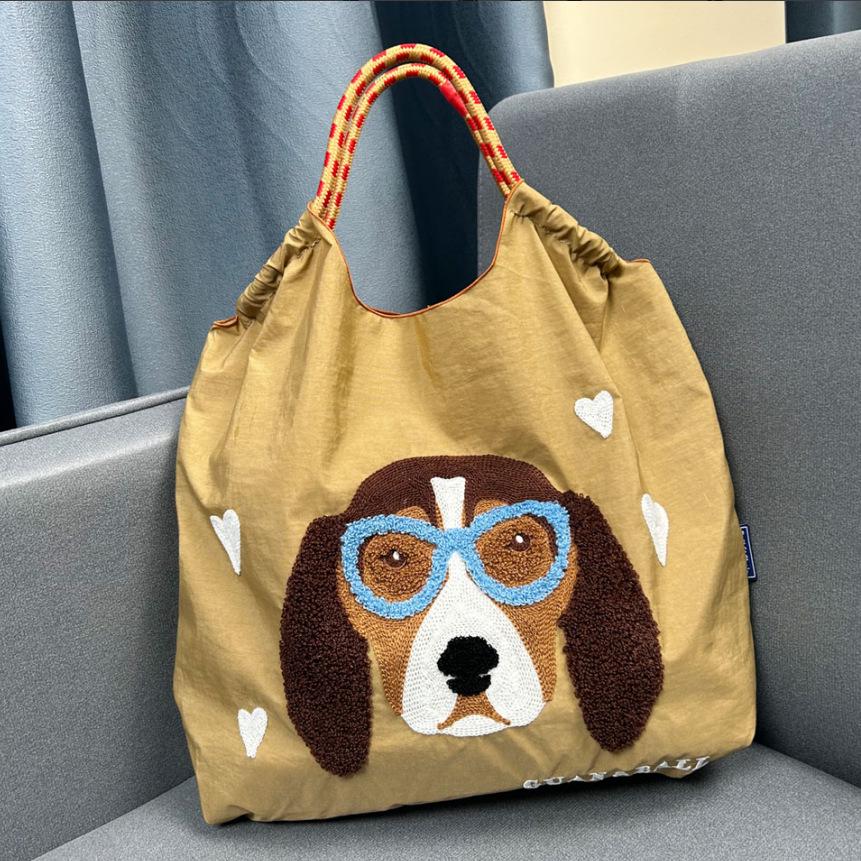 2024 Japanese-Style Cute Dog Embroidered Nylon Eco-Friendly Shoulder Shopping Bag