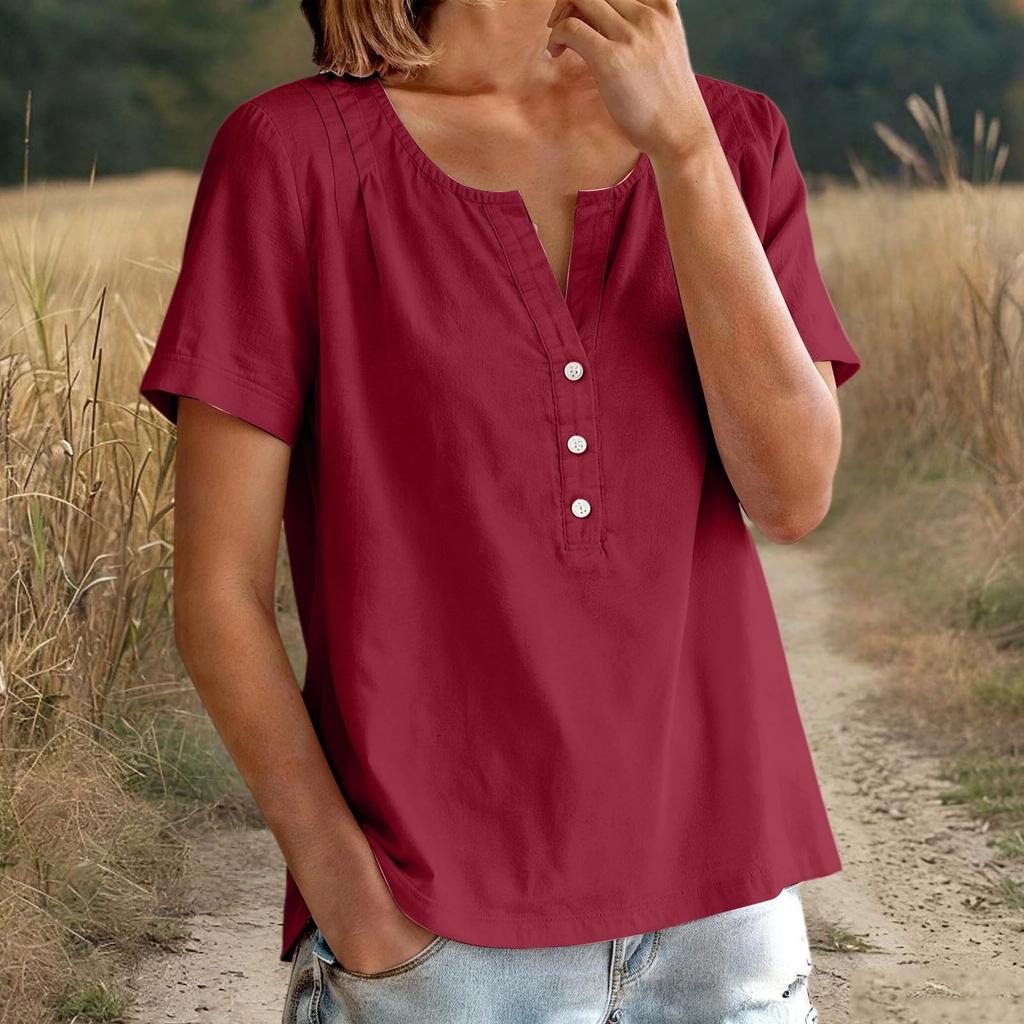 Women Loose Fit Casual Short Sleeve Button Down Shirt Cotton Linen Top with Relaxed Neckline for Everyday Wear