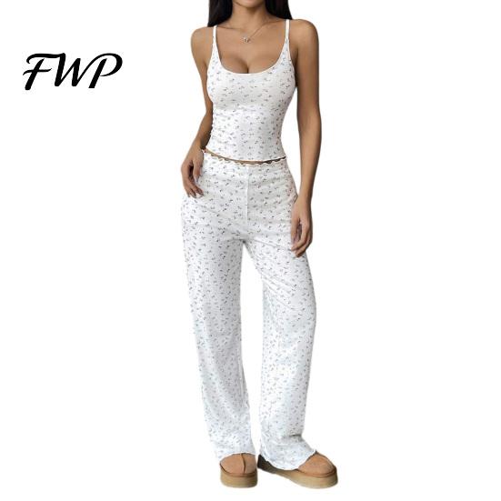 Casual Home Wear for Apartment Living Women Pajamas Set with Floral Print, Sleeveless U Neck Elegant Camisole Lounge Sets And Pants, Sexy Comfortable