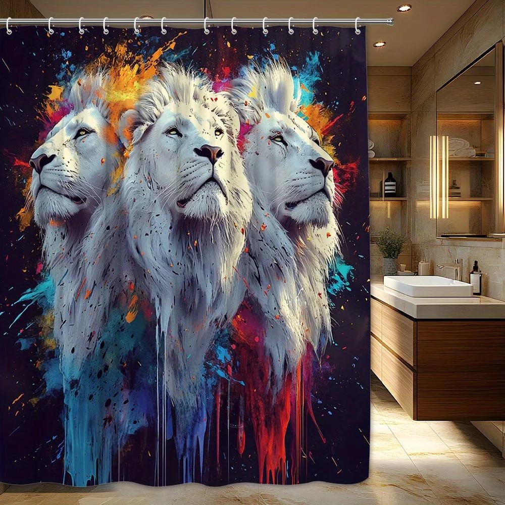 

1Pc Abstract White Lions Shower Curtain - Surreal Liquid Texture & Regal Lions Design, Vibrant Orange Red Blue Green Black Abstr W60H190(CM)-1 Pcs