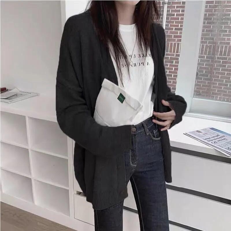 

Женский весенний однотонный свободный вязаный кардиган Lazy Wind, простая рубашка для отдыха с длинными рукавами от солнца XXS чёрный