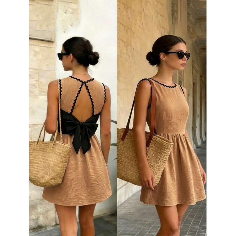 European New Summer Apricot Black Wave Webbing Waist Sleeveless Round Neck Short Dress