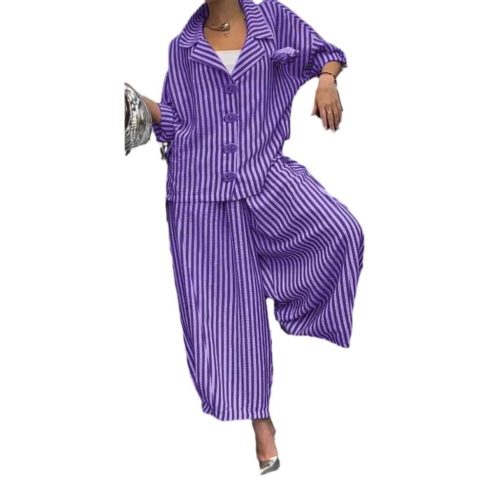 Damen Schwarz-Weiß Gestreiftes Hemd mit Knöpfen und Weitbeiniger Hose Set, Modisches Zweiteiler-Outfit