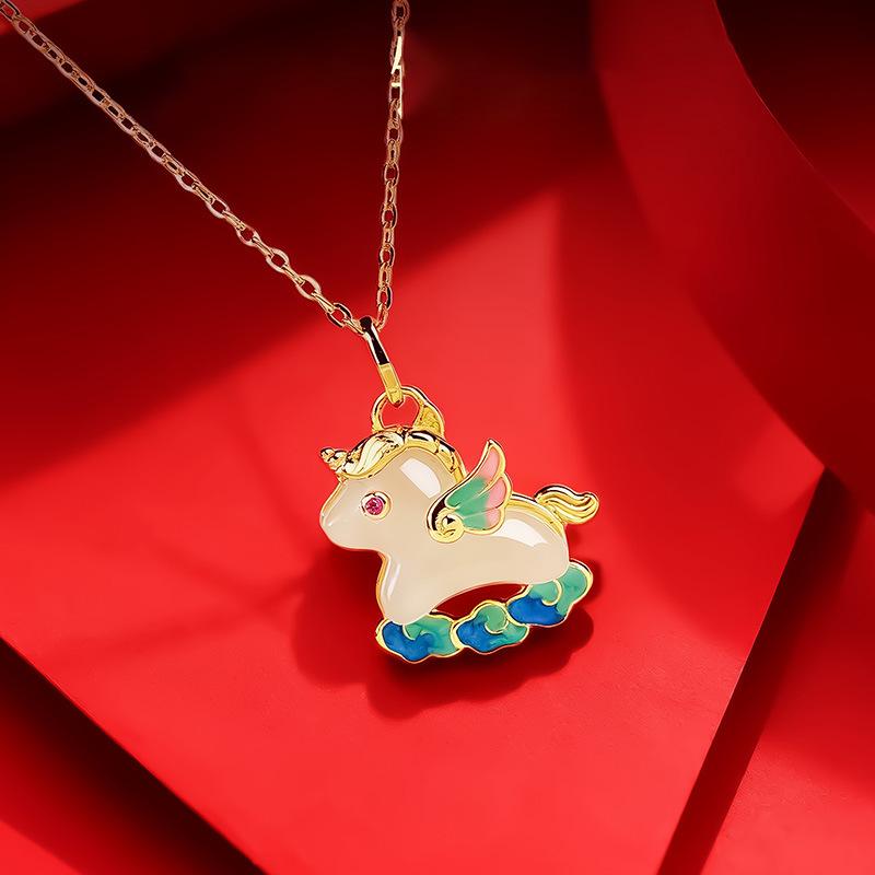 18k Real Gold Electroplated One-horned Pegasus Necklace Cartoon Cute Personalized Sweater Chain Necklace