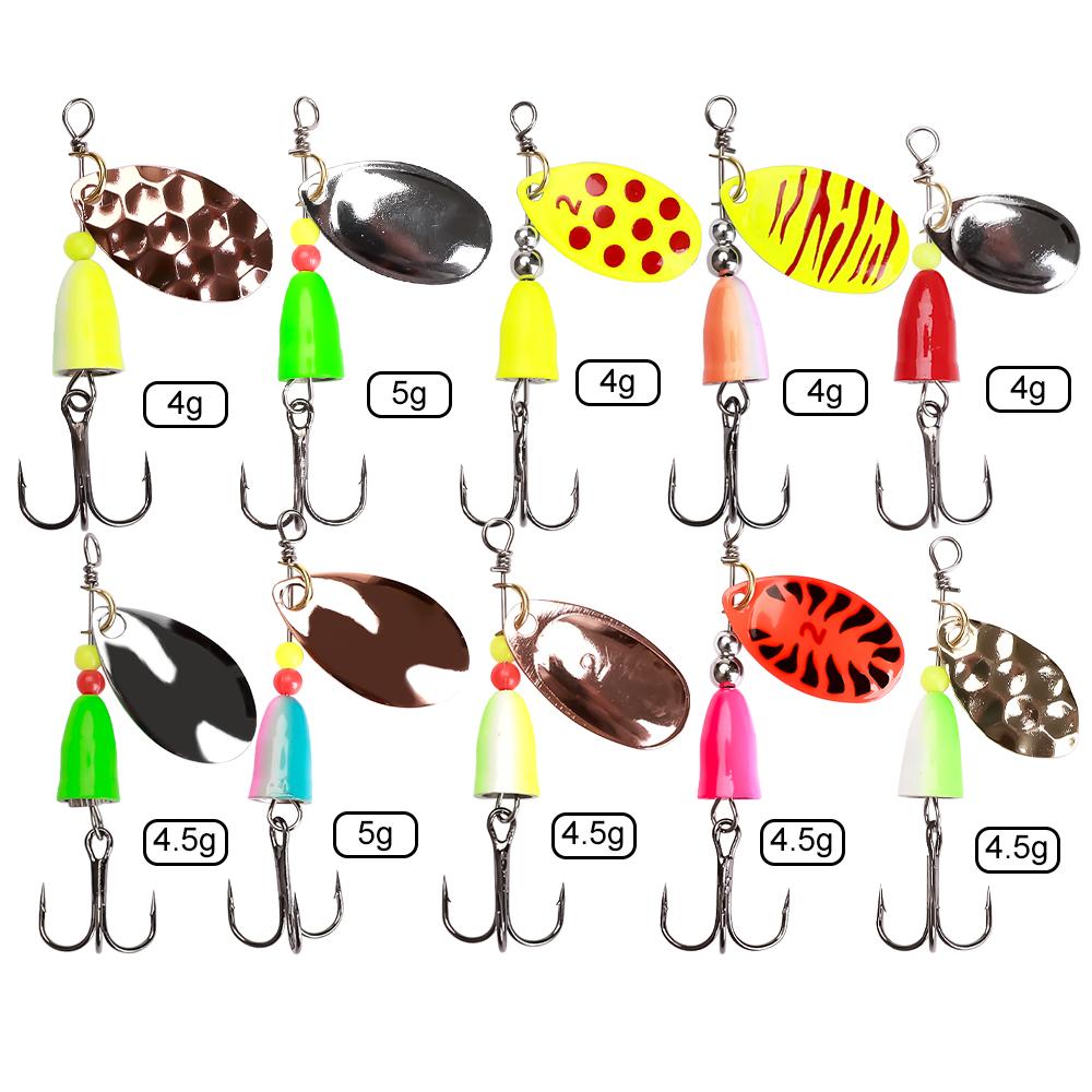 10 stk Spinner Agn 4g 4,5g 5g Skjelokk Gjedde Metall med Diskantkroker Kunstig Bass Agn Fiskelokk
