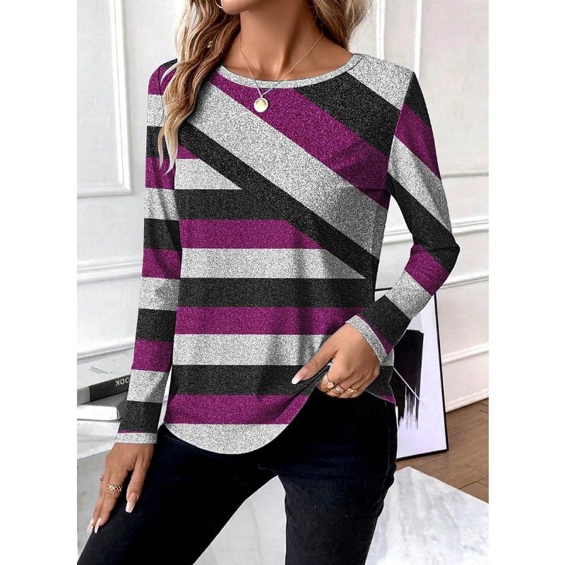 Ladies' Casual Contrasting Printed Long Sleeved Round Neck Top, Women's Streetwear