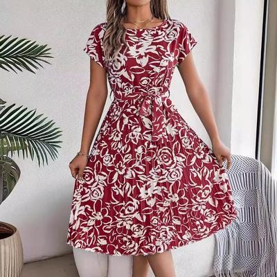 Frühling Sommer Frauen Kurzarm Floral Plissee Hohe Taille A Linie Langes Kleid