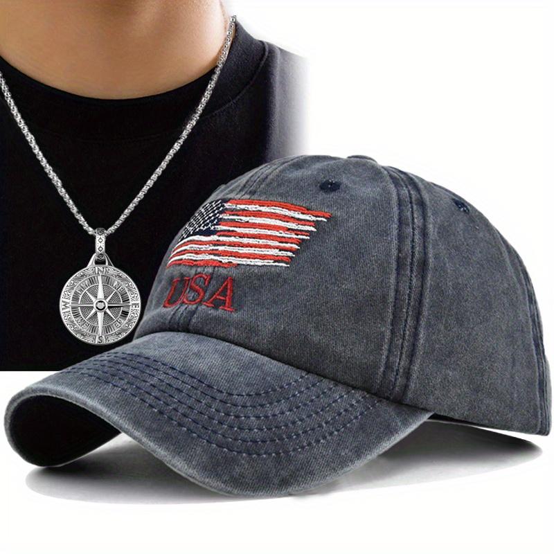 

Комплект из 2 мужских бейсболок, ожерелье, вышитый флаг, кепка с вышитым язычком утки, ожерелье с подвеской в виде сотни дисков, женский солнцезащитный крем, шляпа от солнца темно-синий