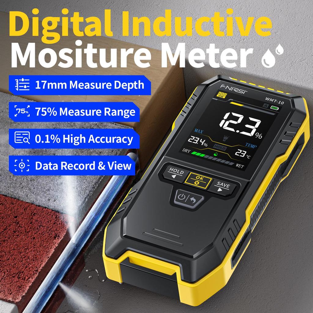 Digital Inductive Wood Moisture Meter WMT-10 With 4 Modes 17mm Depth 75% Range 0.1% Accuracy Data Record For Wood Masonry Wall