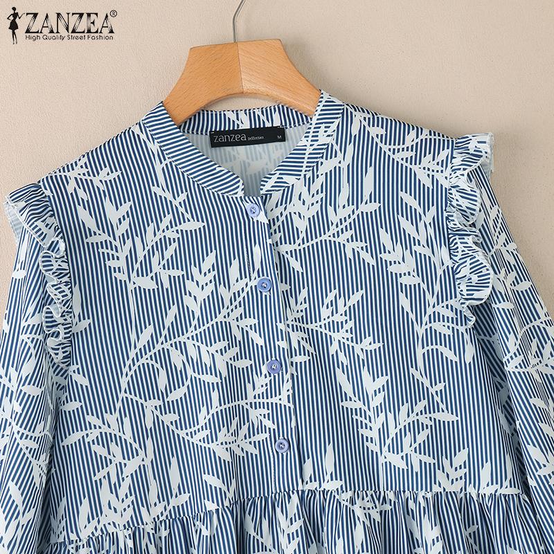 ZANZEA Women Casual Round Neck Loose Long Sleeve Print Blouse