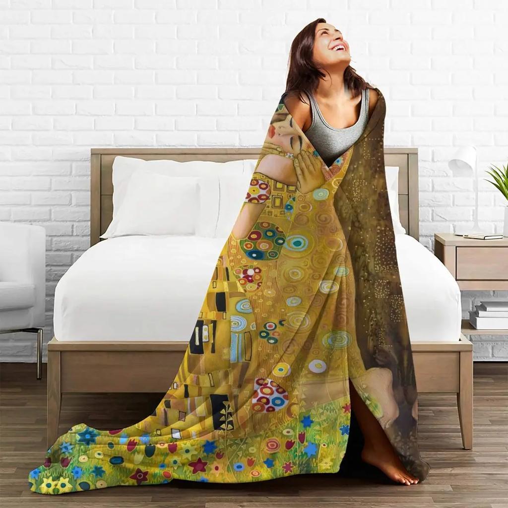 Gustav Klimt The Kiss Knitted Blanket Flannel Abstract Freyas Art Super Warm Throw Blankets for Bed Bedroom Quilt