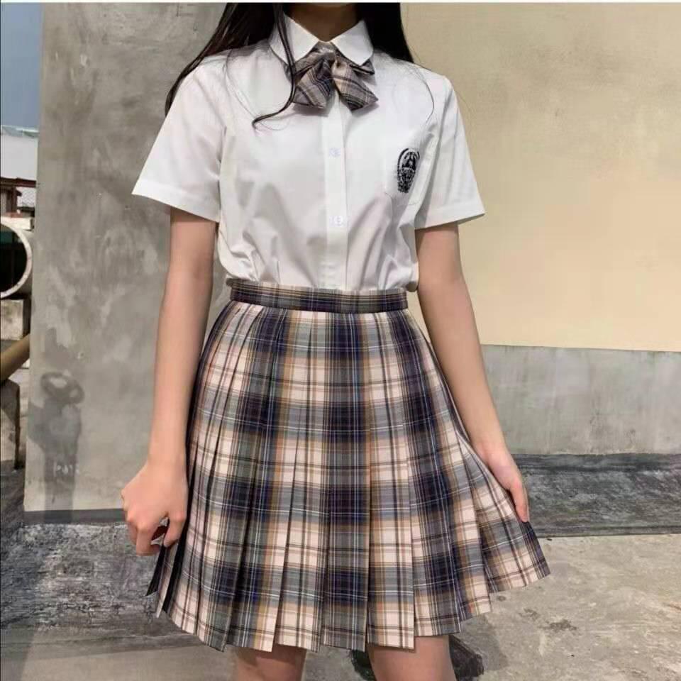 Gentle Blade Authentic JK Uniform: Plaid Pleated Skirt & College Style Short Shirt Set