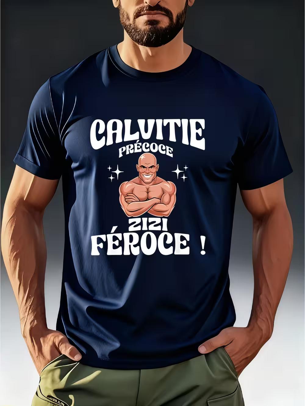 Men S Fun Short-Sleeve T-Shirt Featuring The French Slogan  CALVITIE PRÉCOCE ZIZI FÉROCE  L