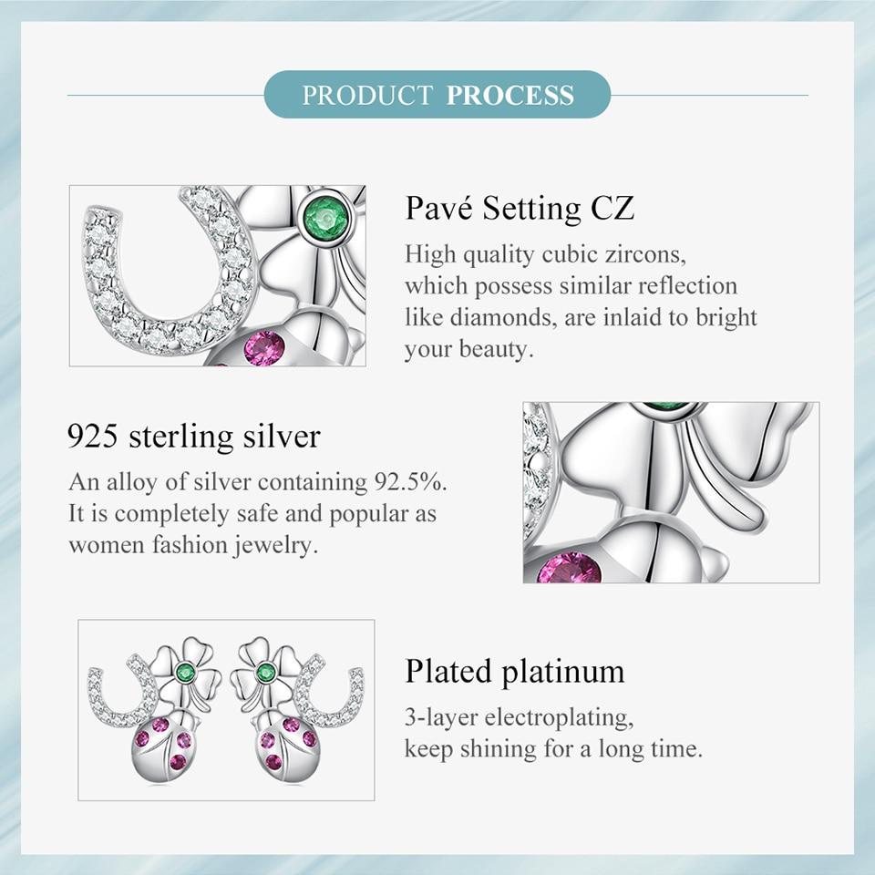 WOSTU 925 Srebro Sterling Wielokolorowe Lucky Four Clover Biedronka Kolczyki Sztyfty Dla Kobiet Piękne Klipsy Do Uszu Biżuteria Prezent Urodzinowy