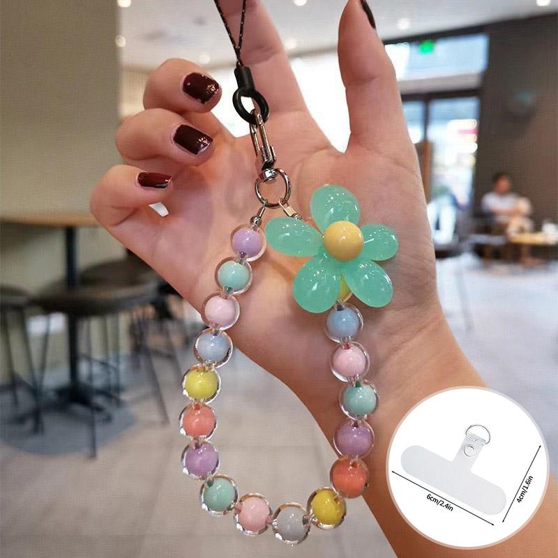 Cell Phone Lanyard Keychain on The Phone Macaron Color Beads Pendant Mobile Phone Rope Flowers Keychains Accessorie