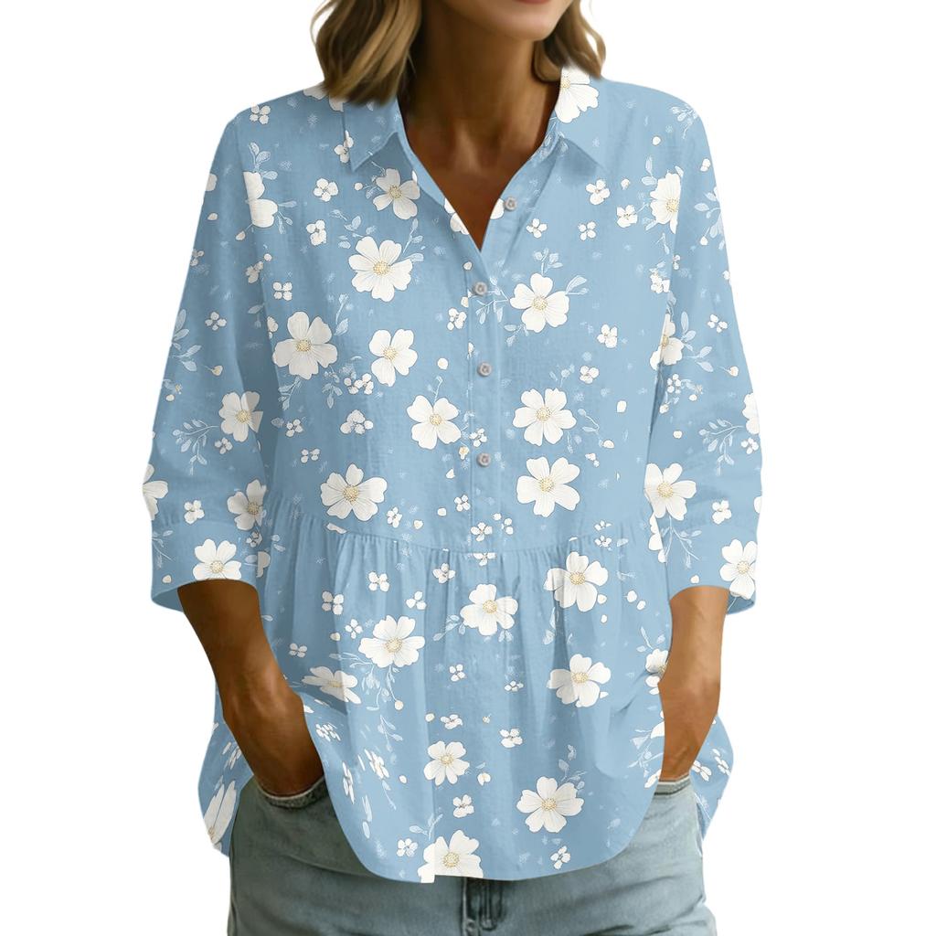 Women Button Front Collared Retro Floral Print Three Quarter Sleeve Loose Fit Shirt Blouse for Casual or Daily Wear