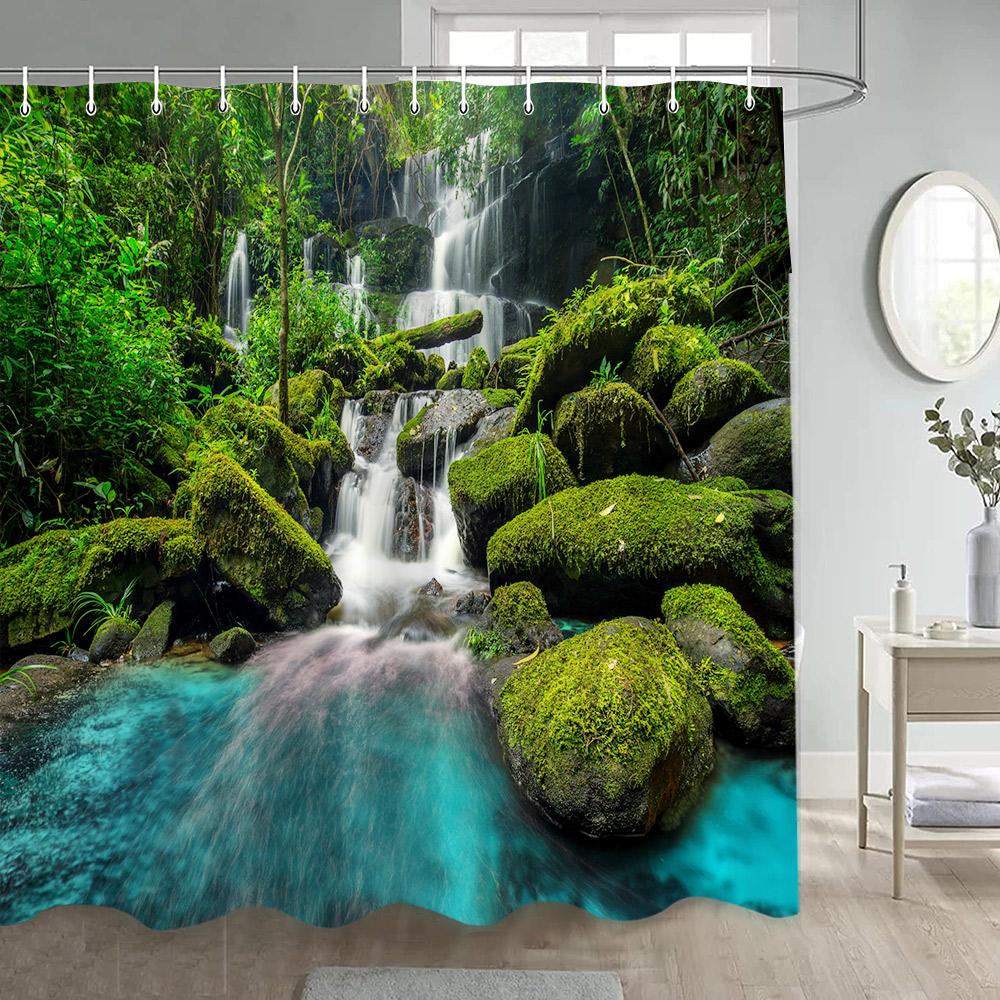 Natürliche Rustikale Landschaft Duschvorhänge See Berg Bäume Blumen Pflanze Badevorhang Für Badezimmer Dekoration Polyester Stoff Set