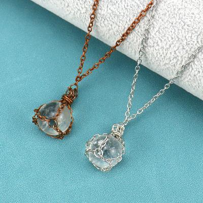 Vintage Natural White Crystal Gemstone Natural Stone Ball Net Pocket Pendant Necklace N609