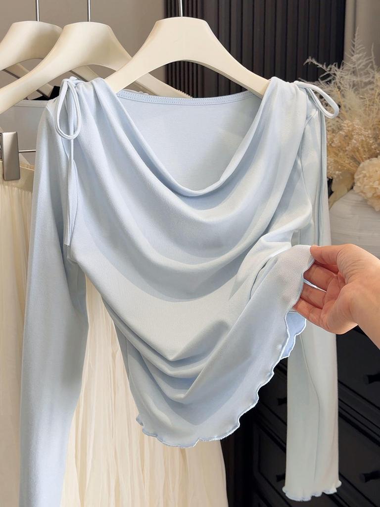 Korean-Style Slim-Fit Flowy Collar Long-Sleeve Tee for Women - Elegant Spring Arrival