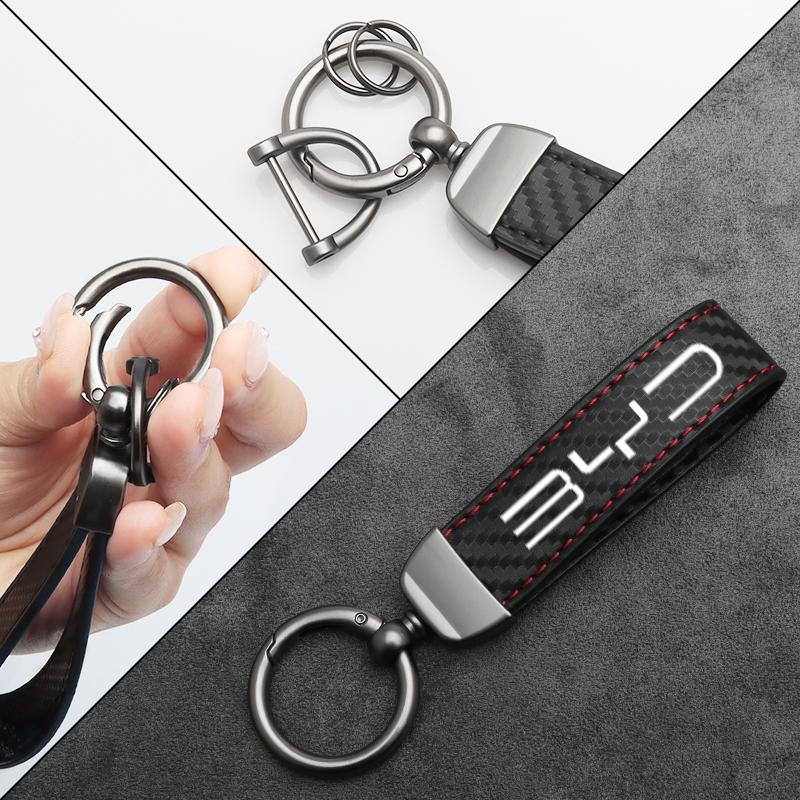 Carbon Fiber Car Keychain for BYD Seal Atto 3 Song Plus Max Dolphin Scratch Resistant PU Leather Keyring Styling Accessories
