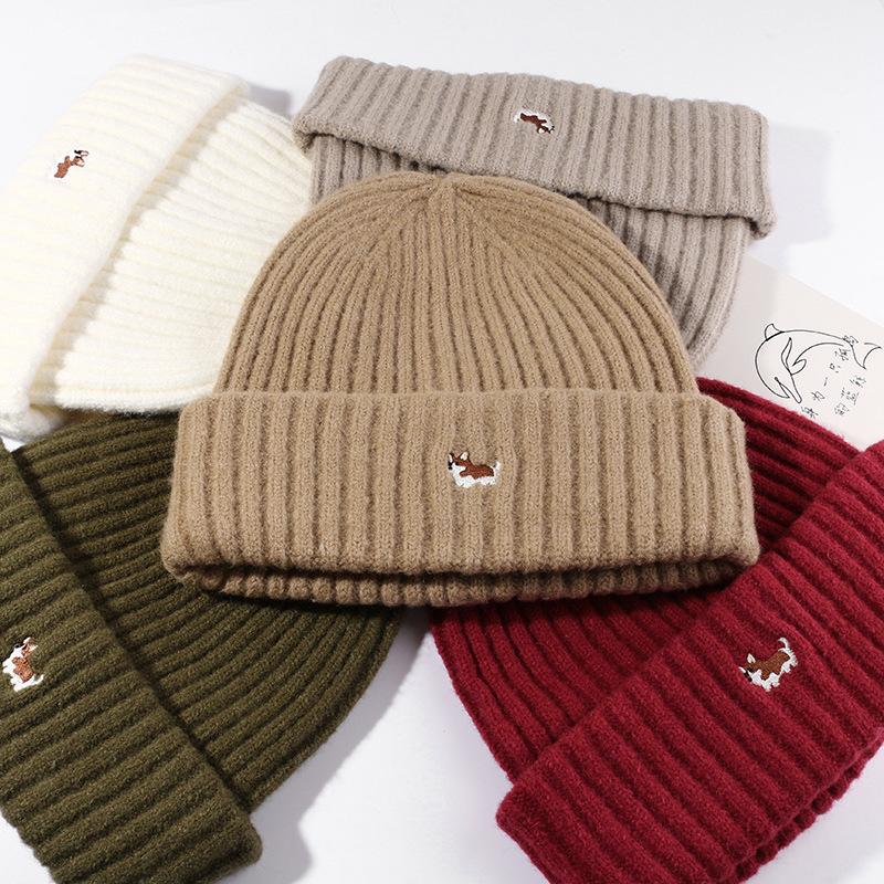 Autumn and Winter Hat Women Cartoon Puppy Embroidered Knitted Hat Student Warm Ear Protection Wool Hat Outdoor Jacket Cold Hat Man