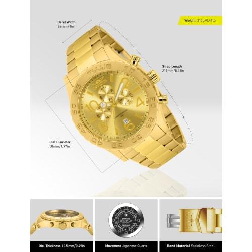 Invicta Specialty Quartz Watch, 50mm Case, Gold Stainless Steel Strap, Gold Dial, 1270, Men's, Officially Imported