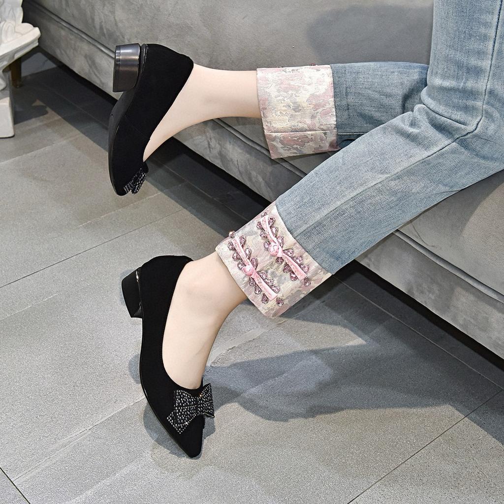 Pointed Single Shoes Women's Autumn Bow Rhinestone One Pedal Shallow Mouth Flat Shoes Commuter Women's Work Shoes