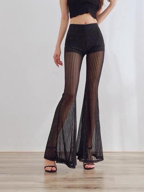 2025 European Style Lace See-through High-waisted Patchwork Long Straight Leg Pants