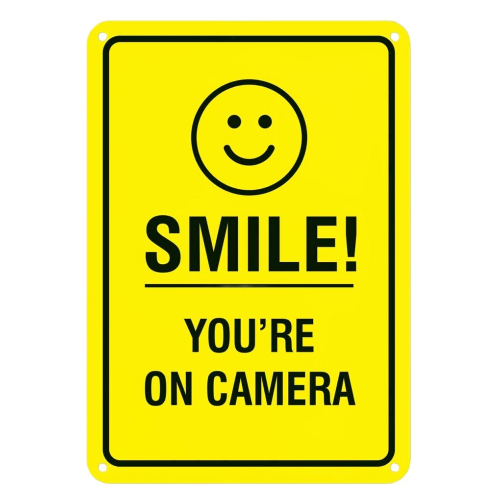 1pcs Warning Metal Sign “Smile You’re On Camera” Tin Sign, Aluminum Sign, Easy To Install,Waterpoof,More Picture for Choose