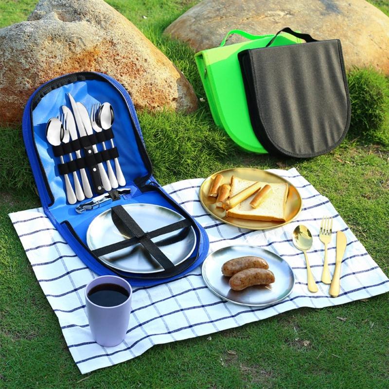 Reise-Edelstahl-Besteck Utensil Tragbares Silberbesteck-Set Camping-Geschirr mit Aufbewahrungstasche für Picknick im Freien
