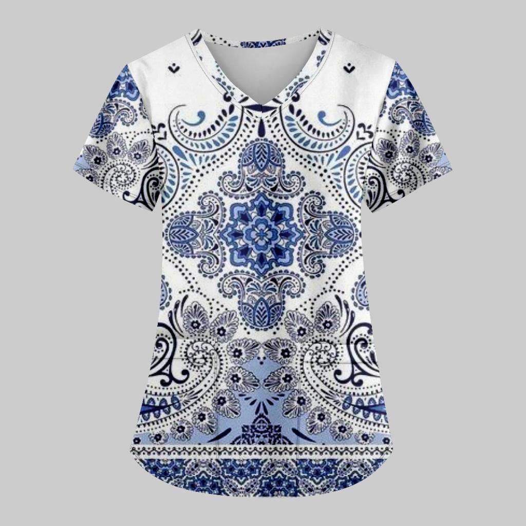 Women's Fashion Printed Work Uniform With Pocket T-Shirt Short Sleeve Top
