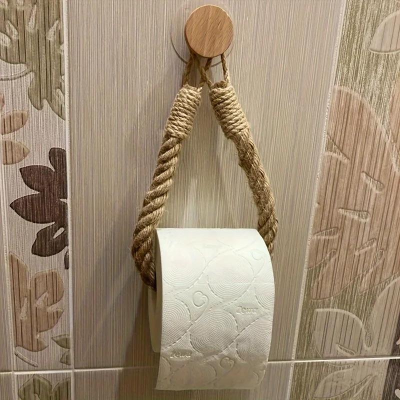 1pc Rustic Hemp Rope Paper Towel Holder Solid Wood Construction Space-Saving Storage for Face Towels.