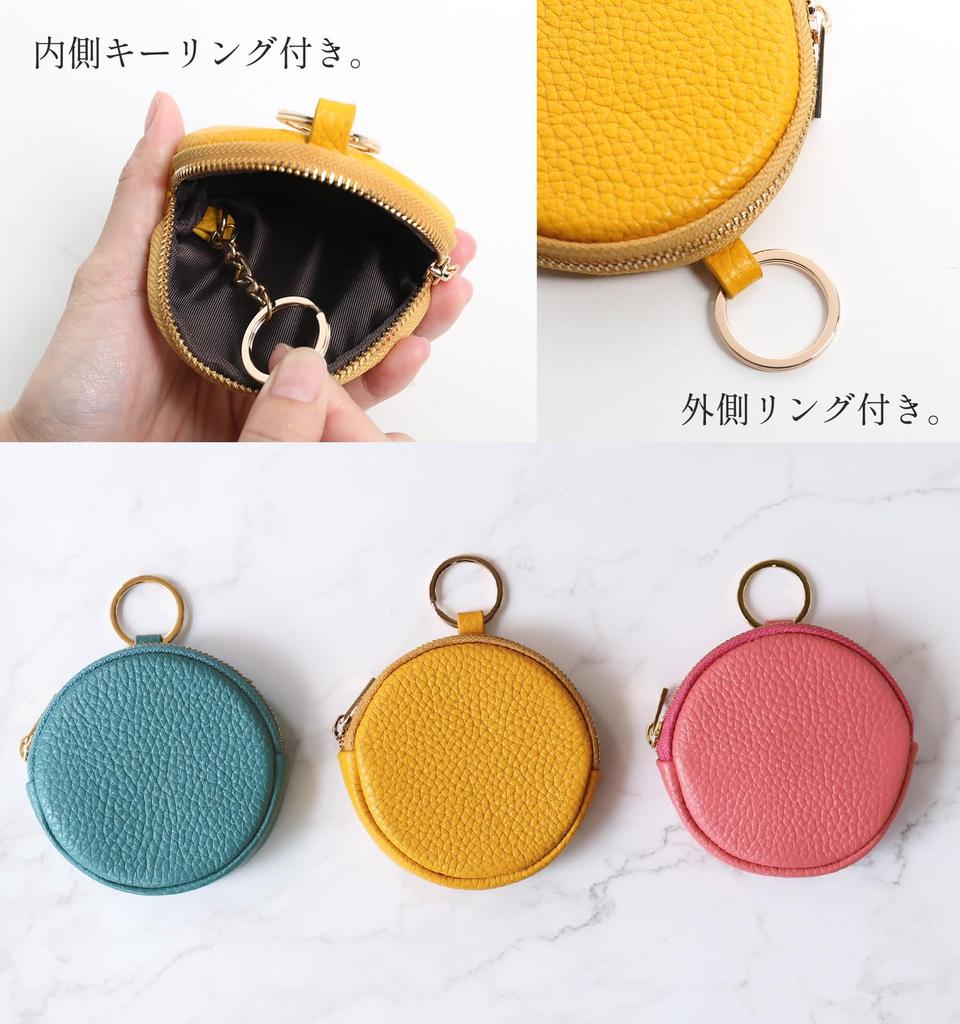 mieno Women's Leather Coin Purse, Small Item Case, Cowhide Leather Mini Pouch, Circle Pouch, Round (Black)