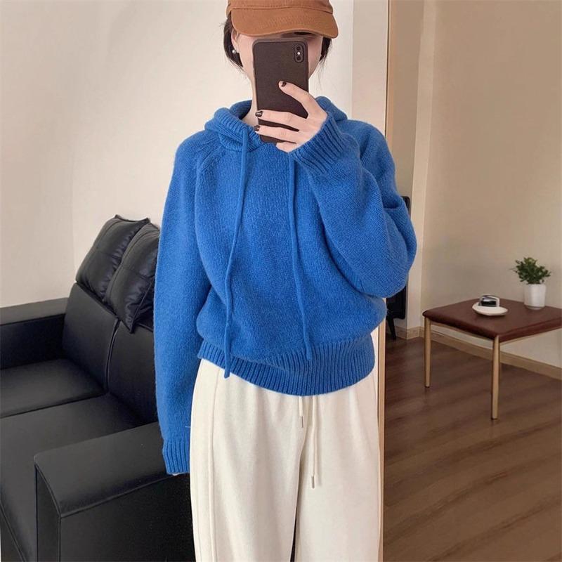 Design sense niche hooded knitted sweater top women's autumn and winter new small wear loose pullover sweater