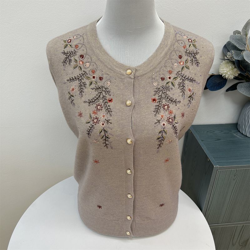 Women's Crew Neck Wool Cardigan Autumn/Winter Loose Fit with Rhinestone Embroidery Knit Cardigan Top