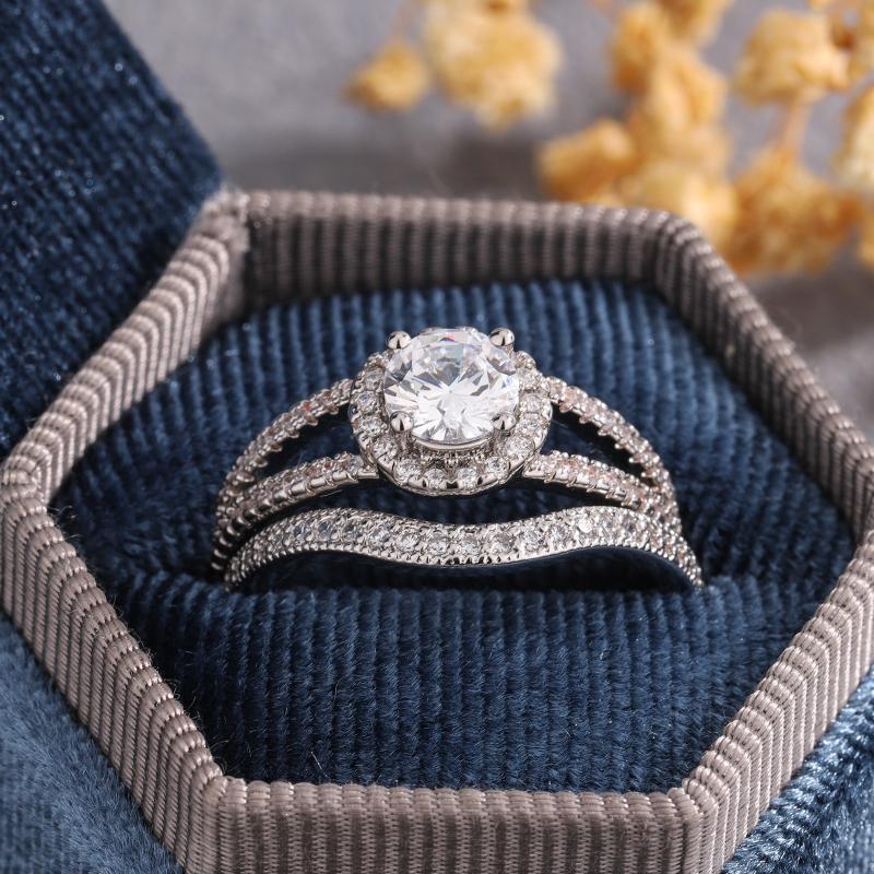 Shiny Round Crystal Zircon Sets Ring Women Bridal Wedding Jewelry Korean Exquisite 925 Plated Ring Fashion Jewelry
