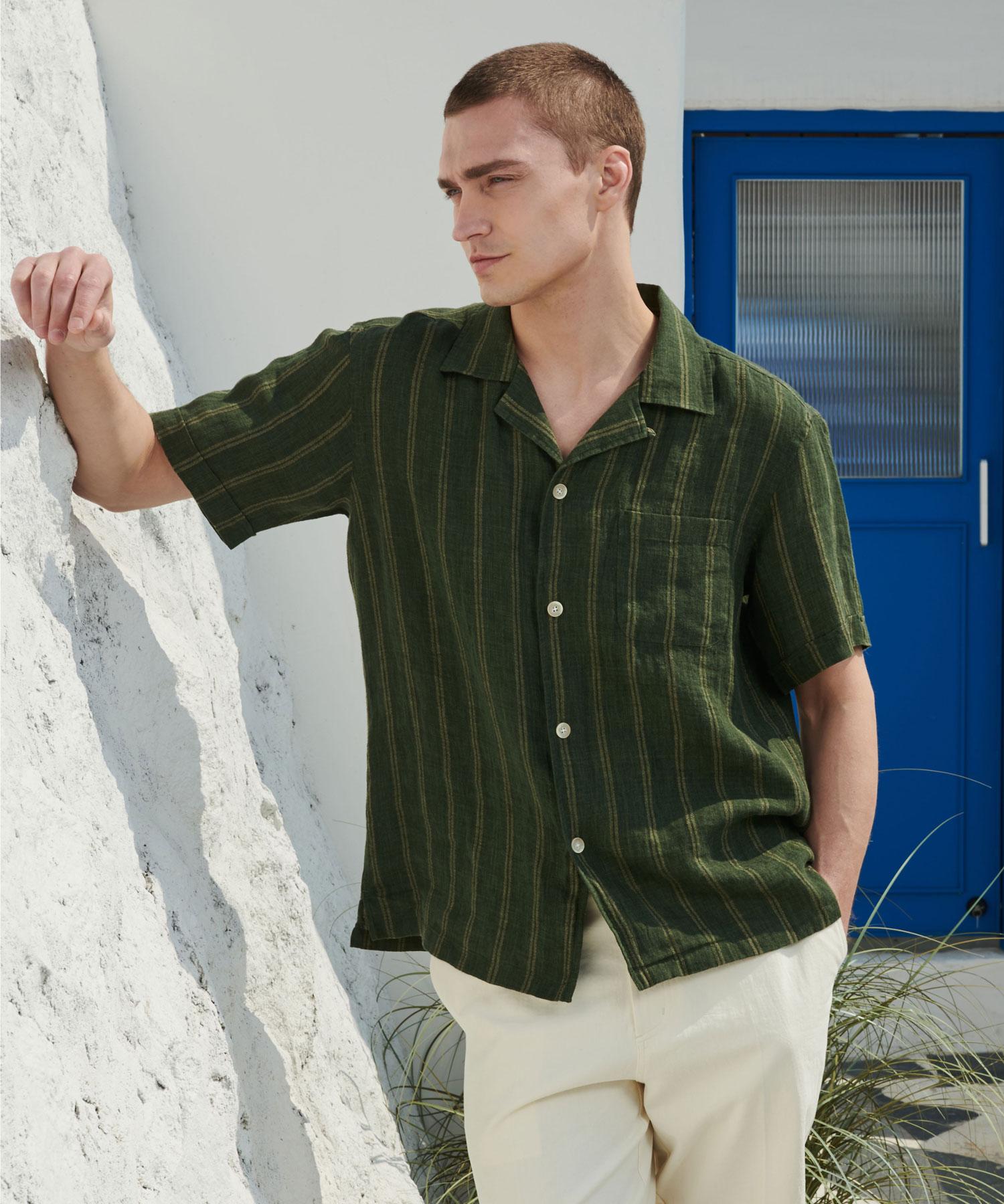 Prod Shirt [Comfort] Vintage Linen Striped Camp Shirt (Olive) Olive/L(50)