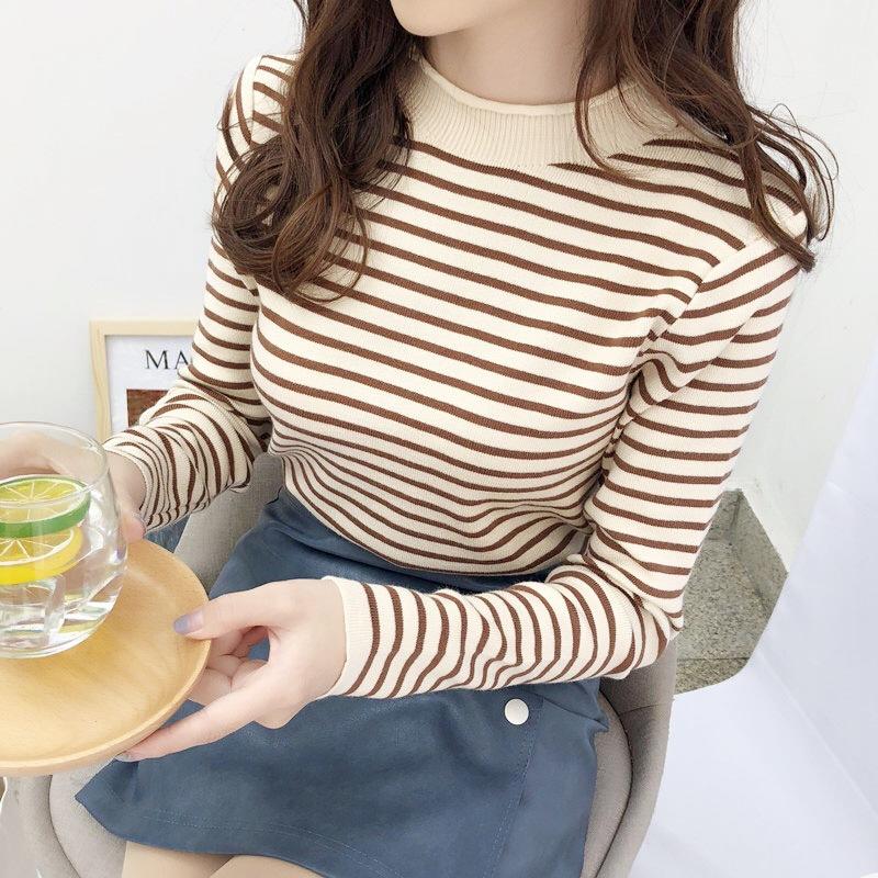 Women Striped Mock Neck Sweaters Slim Elastic Long Sleeve Casual Pullovers Knitted Warm Tops For Women 2023 Autumn Winter