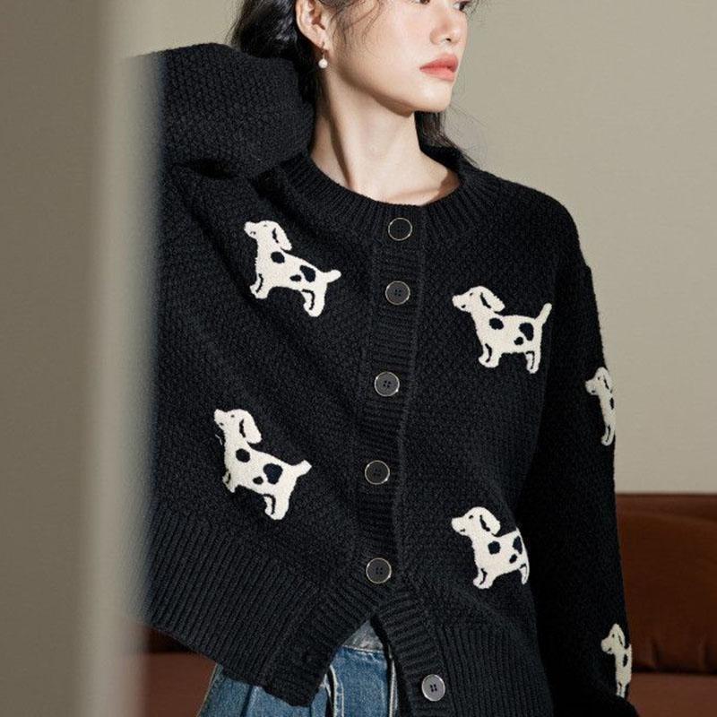Cartoon Sweater Female Cardigans Autumn O Neck Single Breasted Black Sweater Coat for Women 2025