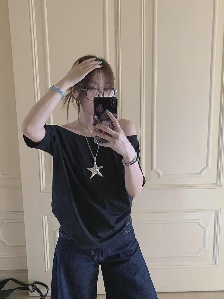 Women's Casual Off-Shoulder Short-Sleeve Top - Gray/Black