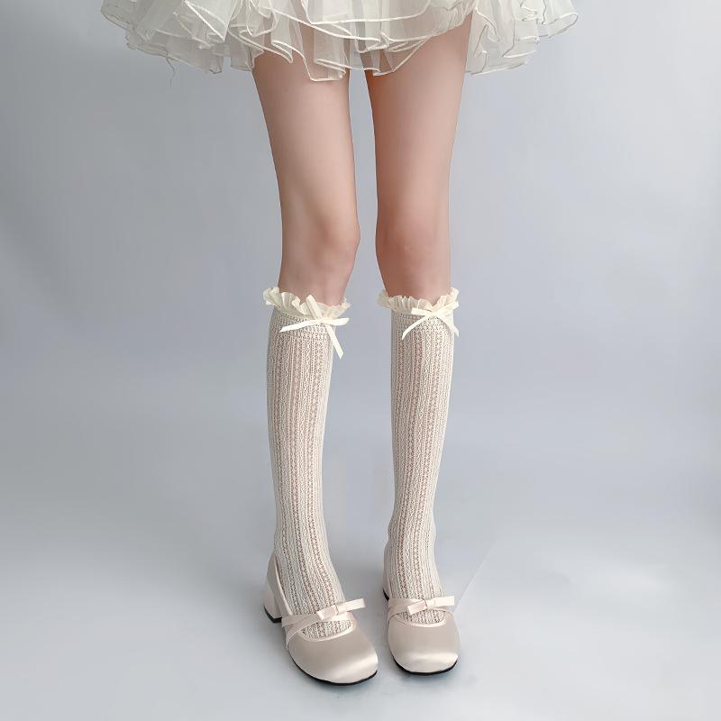 

French-style lace bow ruffle trim mid-calf fishnet socks with vertical hollow patterns, thin spring-summer style, Mary Jane style Average Size【Approximat