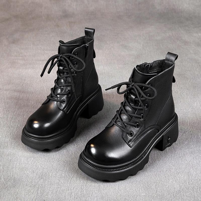 

Первый слой коровьей кожи ботинки Мартин для женщин осенью и зимой 2025 года, новые кожаные короткие ботинки на шнуровке на толстой подошве в стиле ретро, увеличивающие рост 34